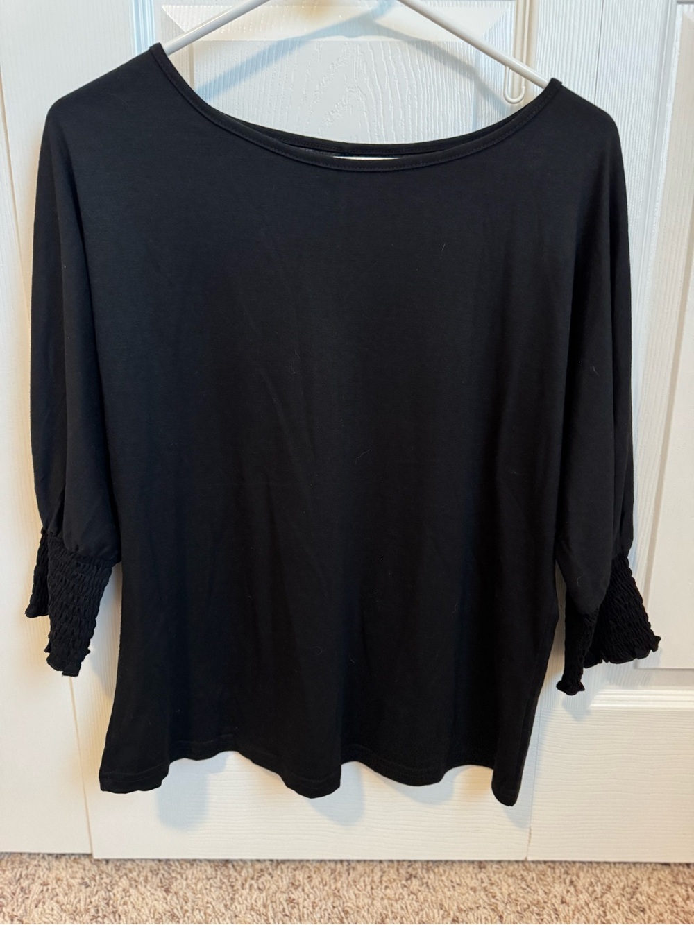 SHEIN Black Boatneck Top with Smocked 3/4 Sleeves, size small
